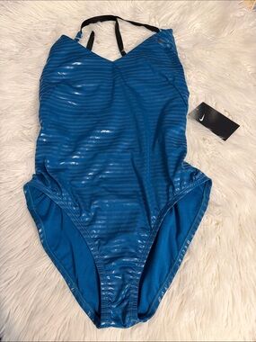 Nike Teal Blue Striped One-Piece Swimsuit size L brand new